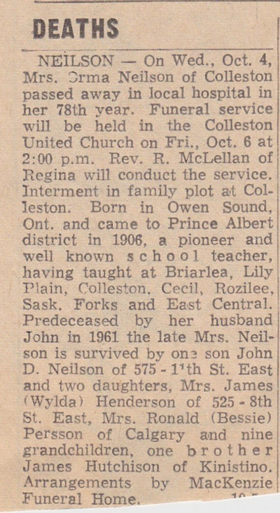 Orma Hutchison Obituary Prince Albert Herald